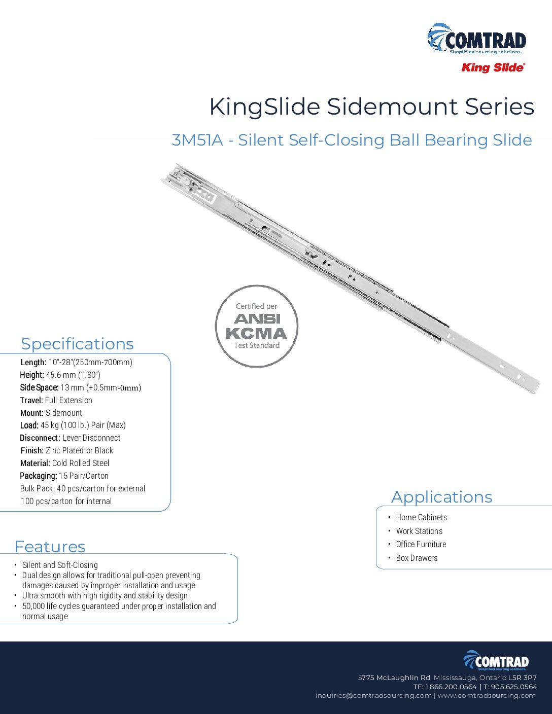 King Slide - Ball-Bearing Full Extension 100 lb. & 75 lb. Self Close – 3M51A