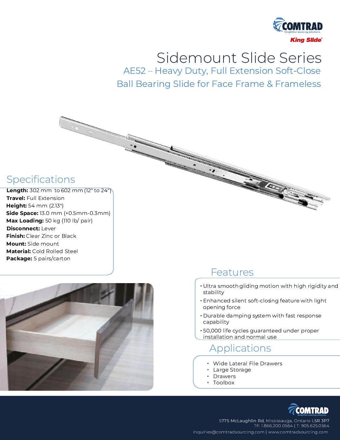 King Slide - Ball-Bearing Full Extension 120 lb. Soft-Close – AE52 - Sell Sheet